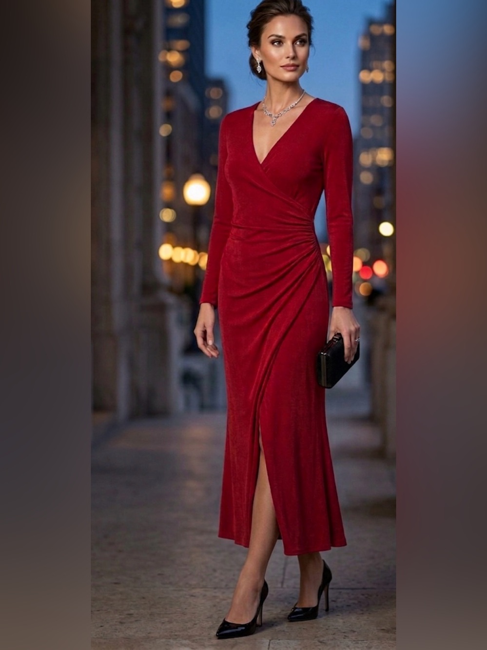 Premier Amour Elegant Red Wrap Evening Dress